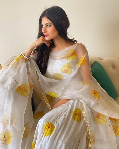 White georgette yellow leaves printed anarkali gown