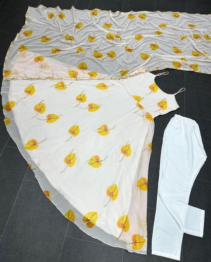 White georgette yellow leaves printed anarkali gown