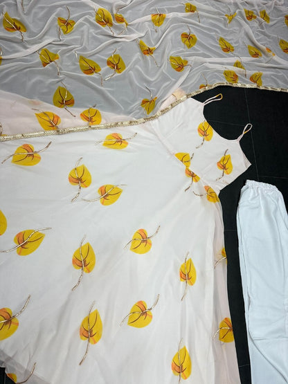 White georgette yellow leaves printed anarkali gown