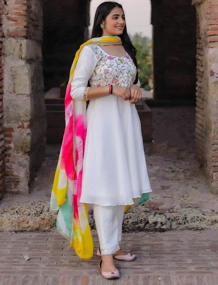 White georgette zari embroidered work plazzo suit