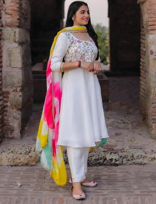 White georgette zari embroidered work plazzo suit