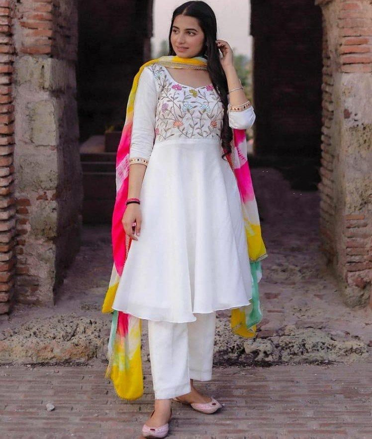 White georgette zari embroidered work plazzo suit