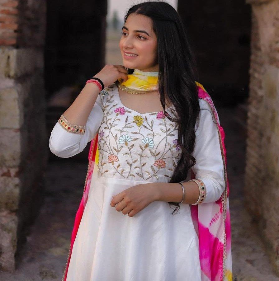 White georgette zari embroidered work plazzo suit