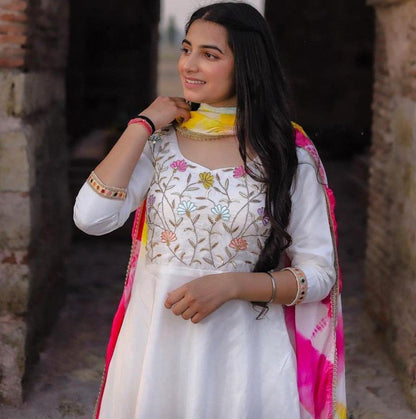 White georgette zari embroidered work plazzo suit