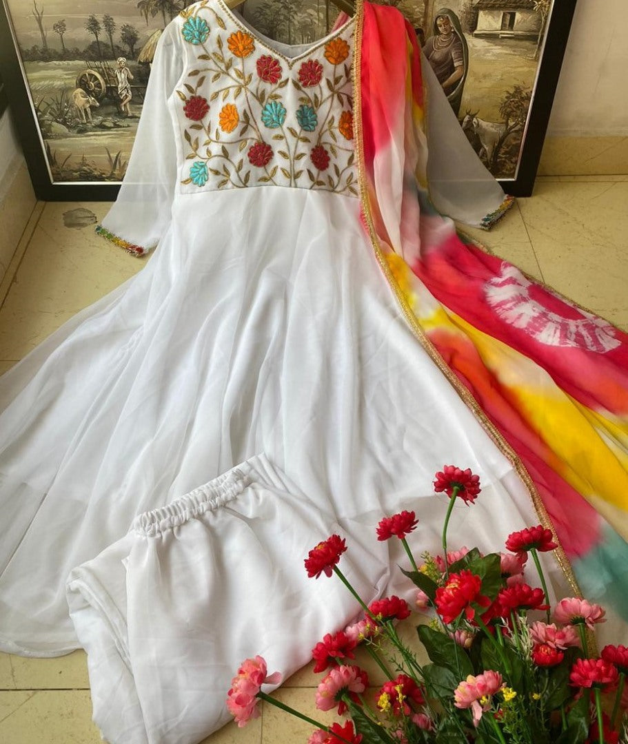 White georgette zari embroidered work plazzo suit
