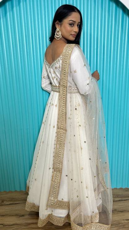 White goergette designer wedding gown