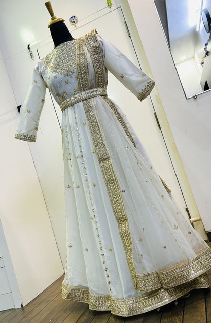 White goergette designer wedding gown