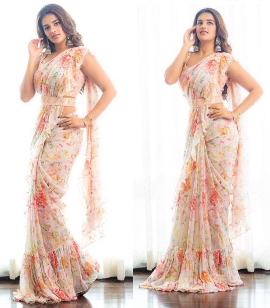 White goergette floral printed ruffle saree