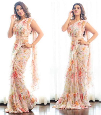 White goergette floral printed ruffle saree