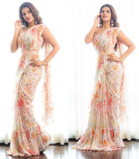 White goergette floral printed ruffle saree