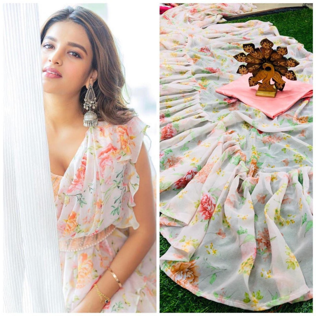 White goergette floral printed ruffle saree
