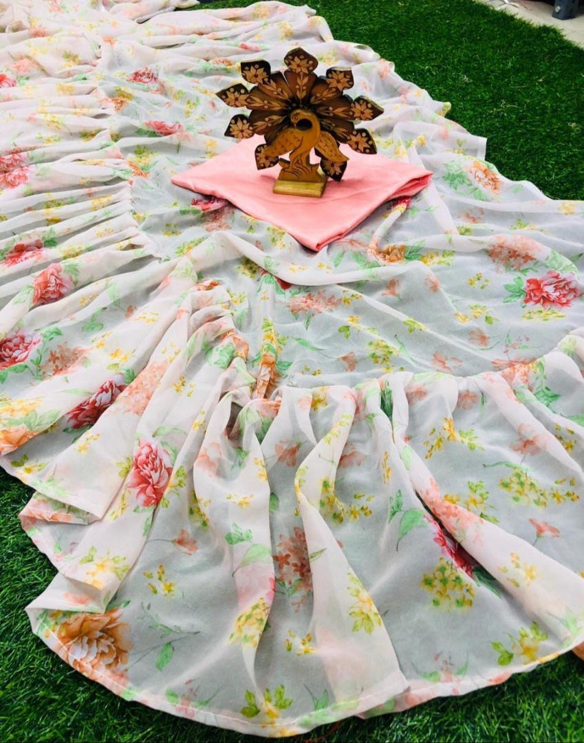 White goergette floral printed ruffle saree