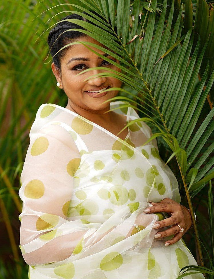 White green dot printed organza saree