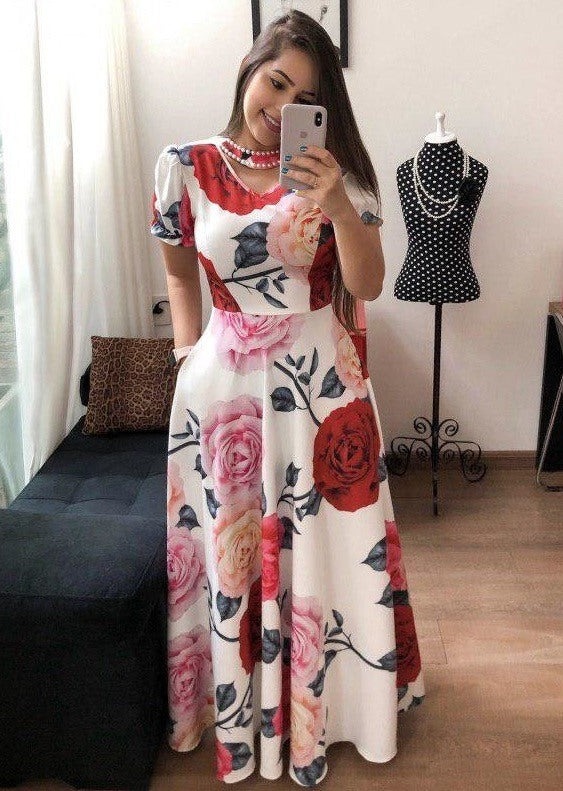 white heavy american crape big rose flower printed gown