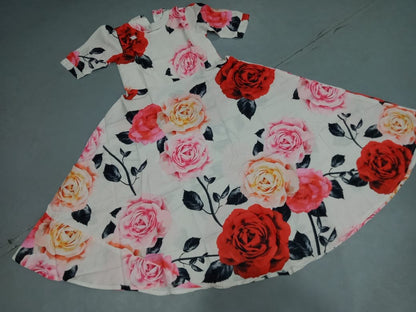 white heavy american crape big rose flower printed gown