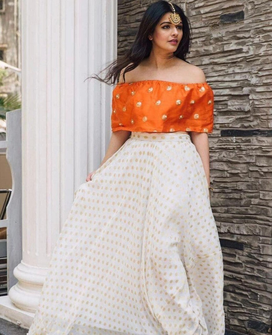 white heavy banarasi jacquard silk crop top lehenga with orange top