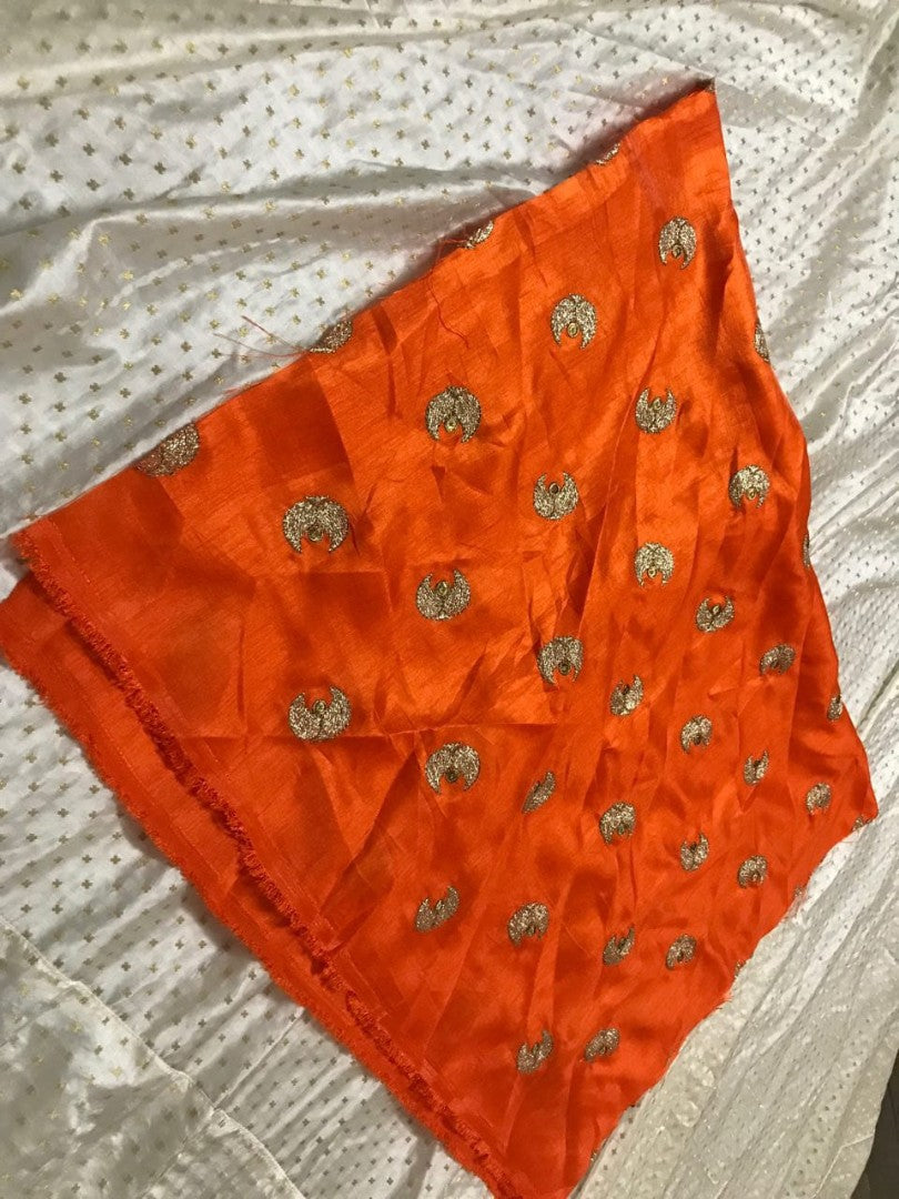 white heavy banarasi jacquard silk crop top lehenga with orange top