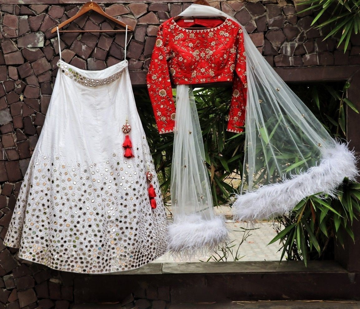 white heavy banarasi silk paper mirrorwork ceremonial lehenga