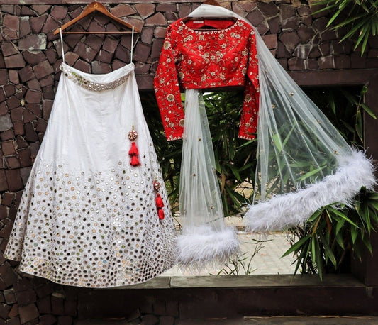 white heavy banarasi silk paper mirrorwork ceremonial lehenga