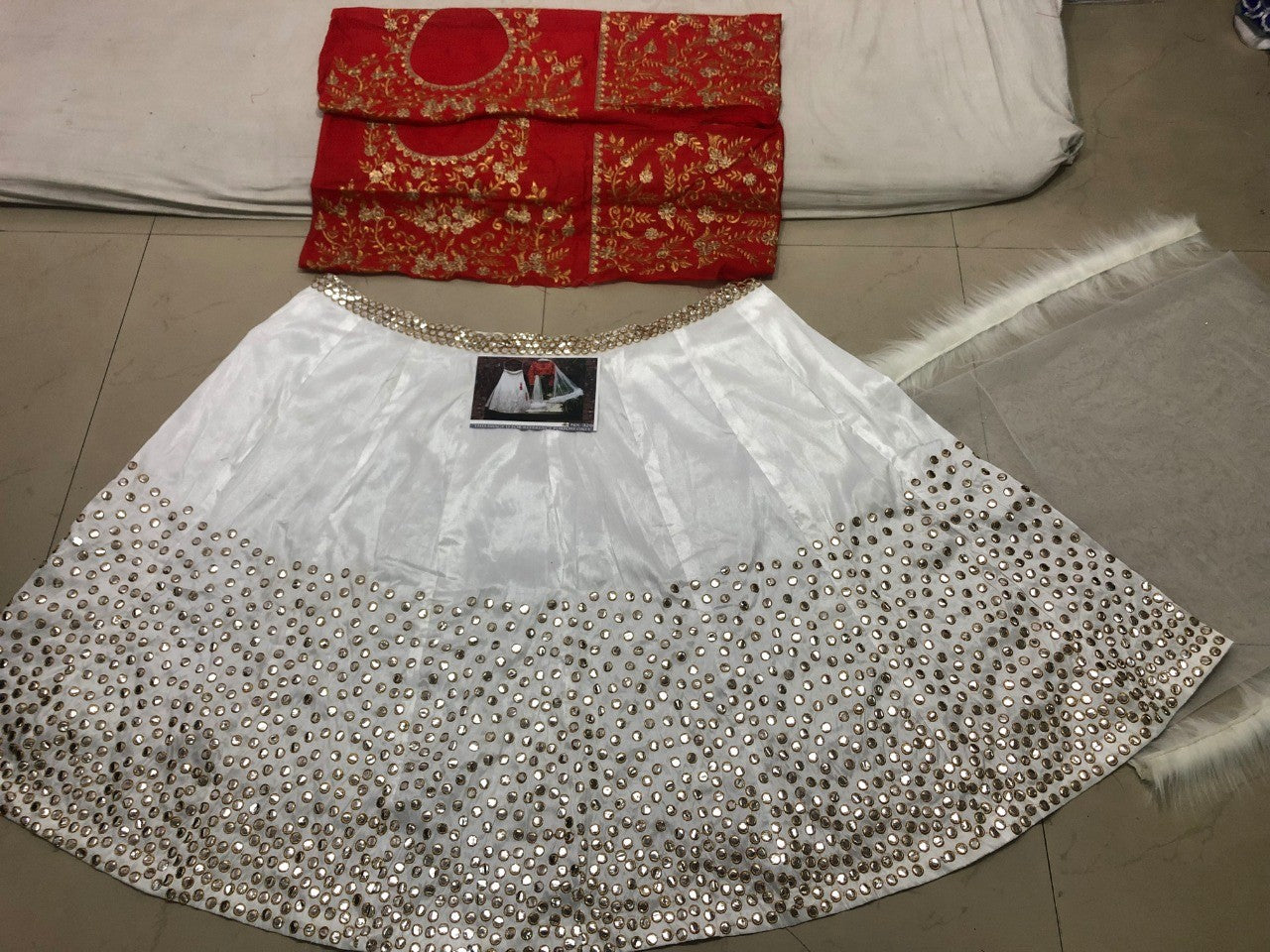 white heavy banarasi silk paper mirrorwork ceremonial lehenga