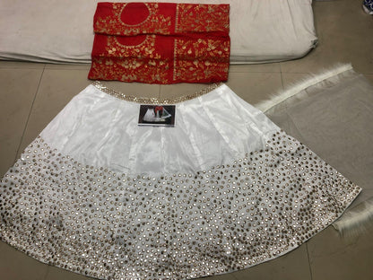 white heavy banarasi silk paper mirrorwork ceremonial lehenga
