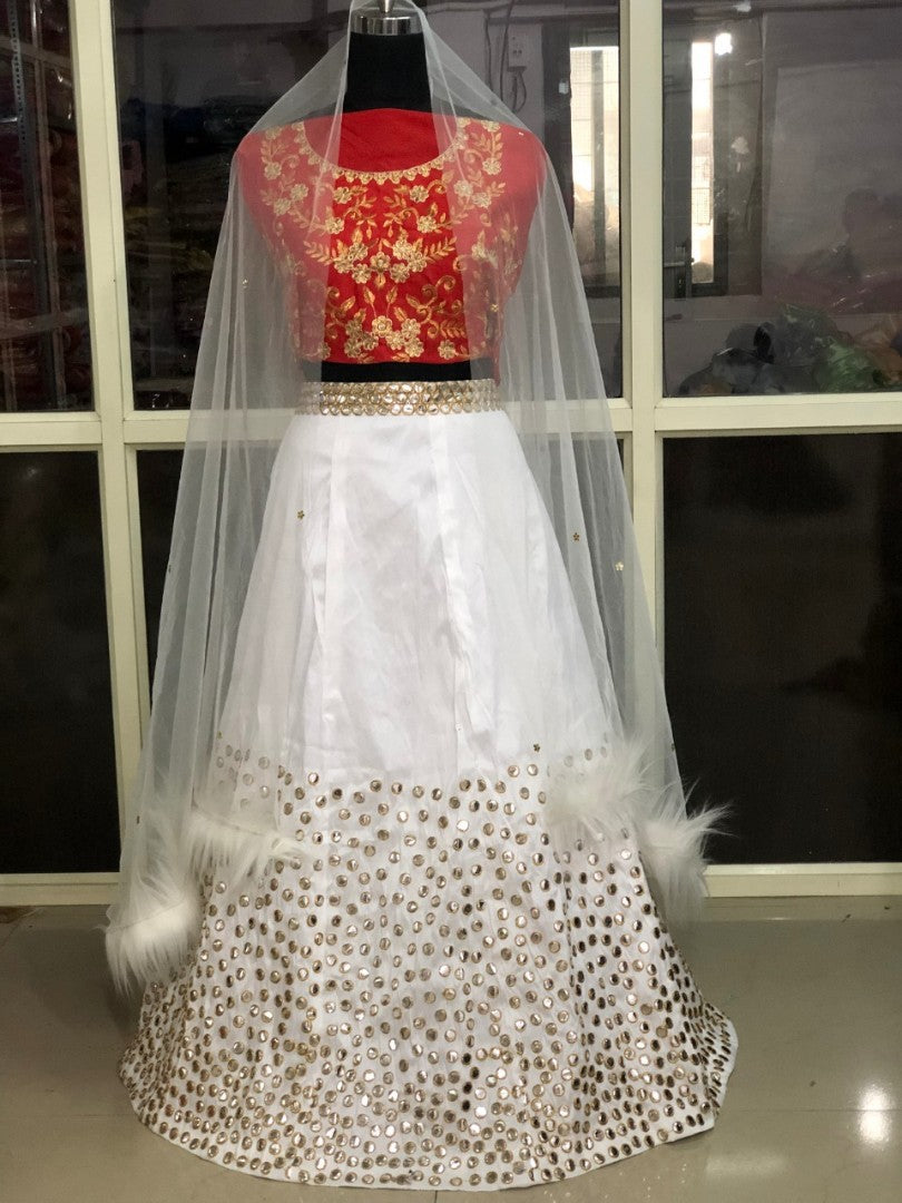 white heavy banarasi silk paper mirrorwork ceremonial lehenga
