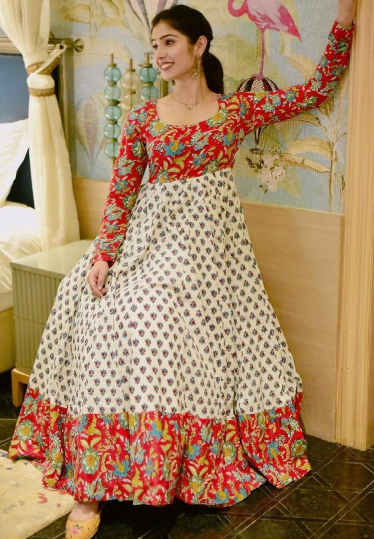 White heavy butter silk digital printed gown