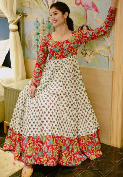 White heavy butter silk digital printed gown