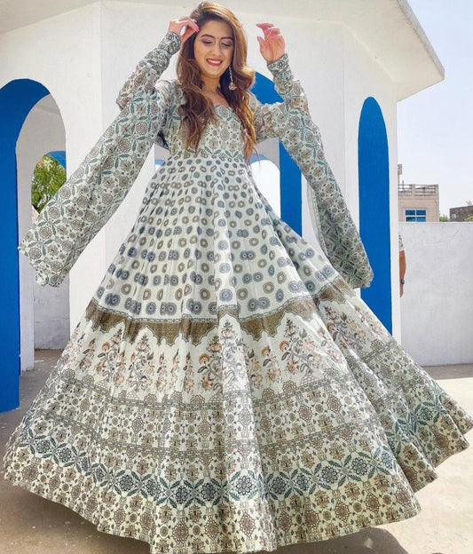 White heavy butter silk digital printed work party wear anarkali gown