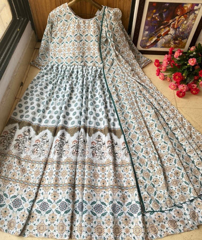 White heavy butter silk digital printed work party wear anarkali gown