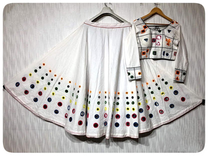 White heavy cotton ari multi embroidered navratri special lehenga choli