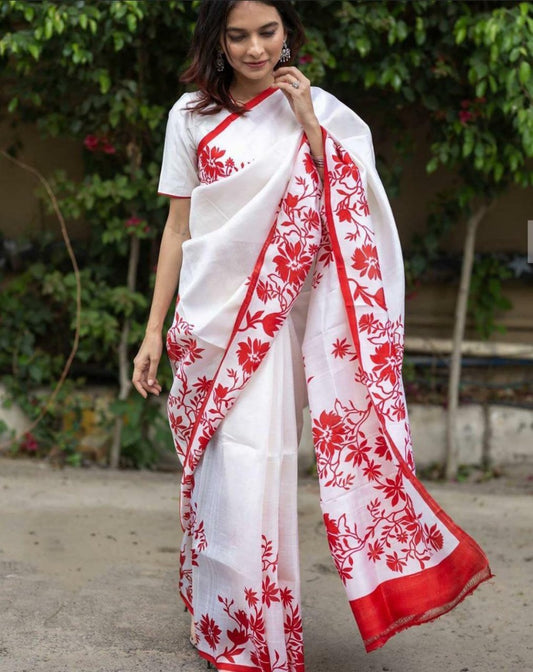 White heavy cotton silk digital printed saree