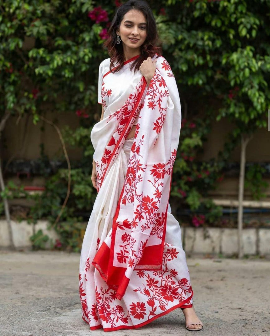 White heavy cotton silk digital printed saree