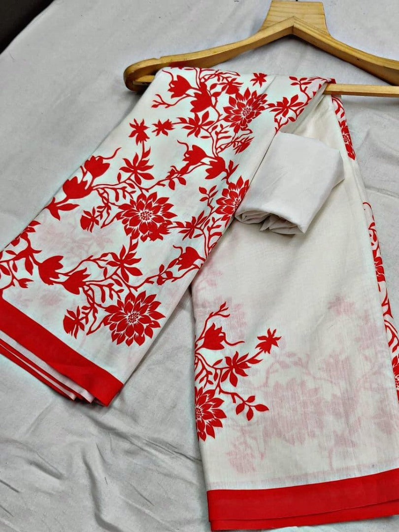 White heavy cotton silk digital printed saree