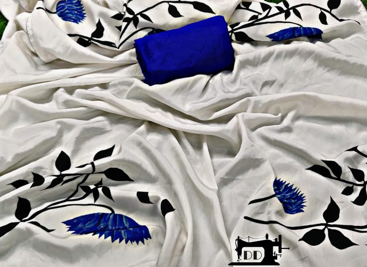 white heavy crepe digital floral printed casual wear saree