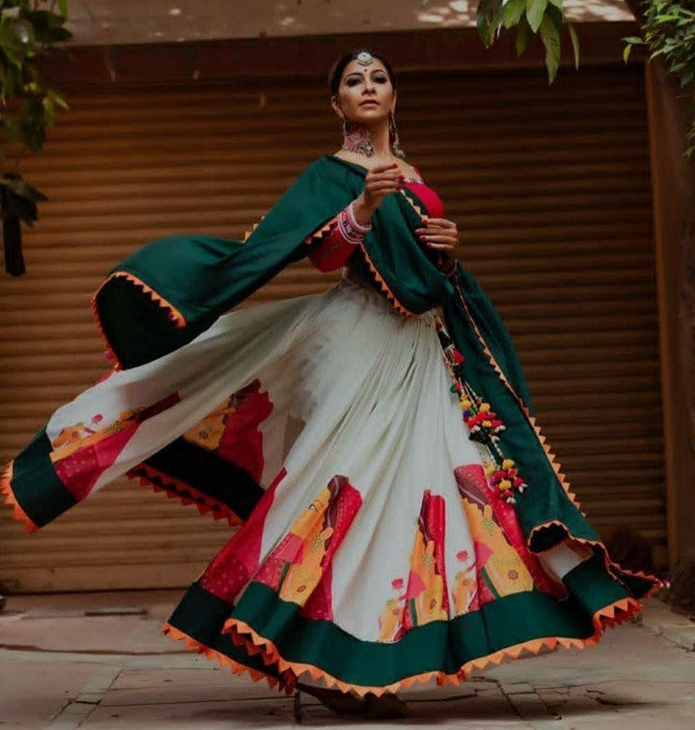 White heavy crepe printed navratri festival lehenga choli
