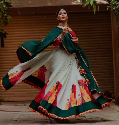 White heavy crepe printed navratri festival lehenga choli