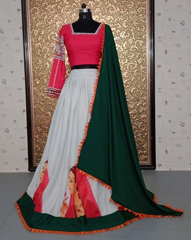 White heavy crepe printed navratri festival lehenga choli