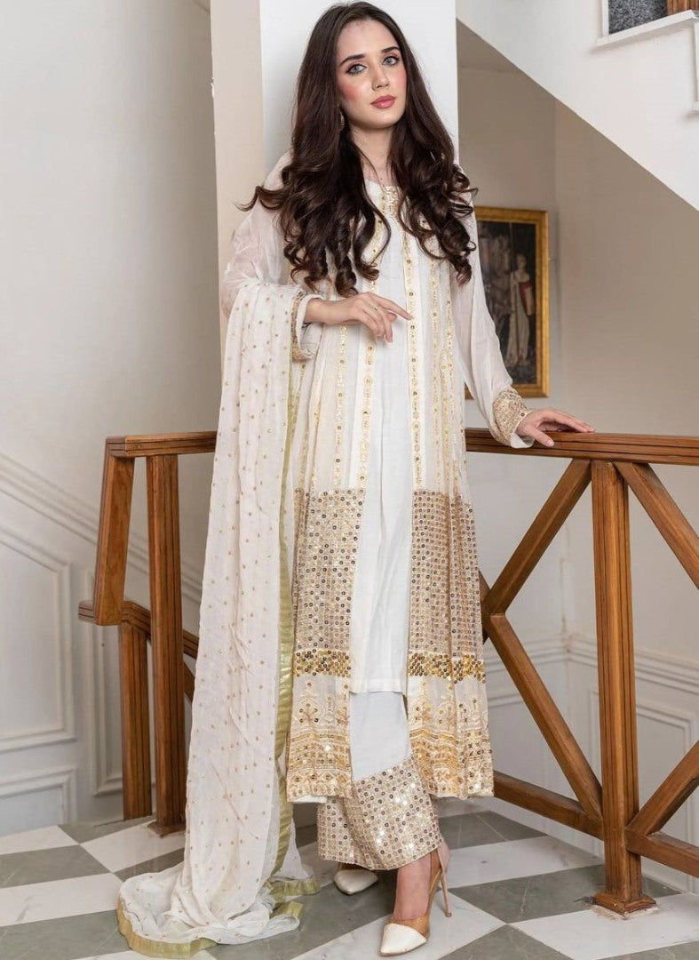 White heavy embroidery worked salwar suit with shrug