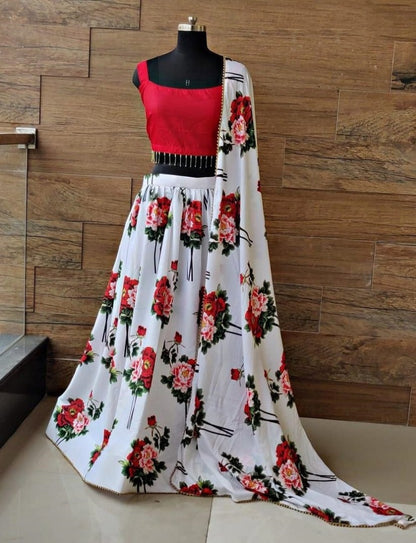 White heavy french crepe floral digital printed lehenga choli