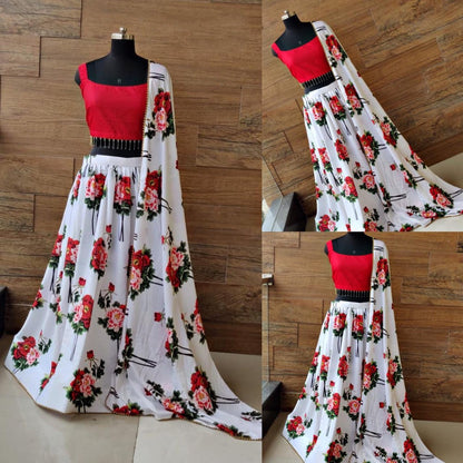 White heavy french crepe floral digital printed lehenga choli