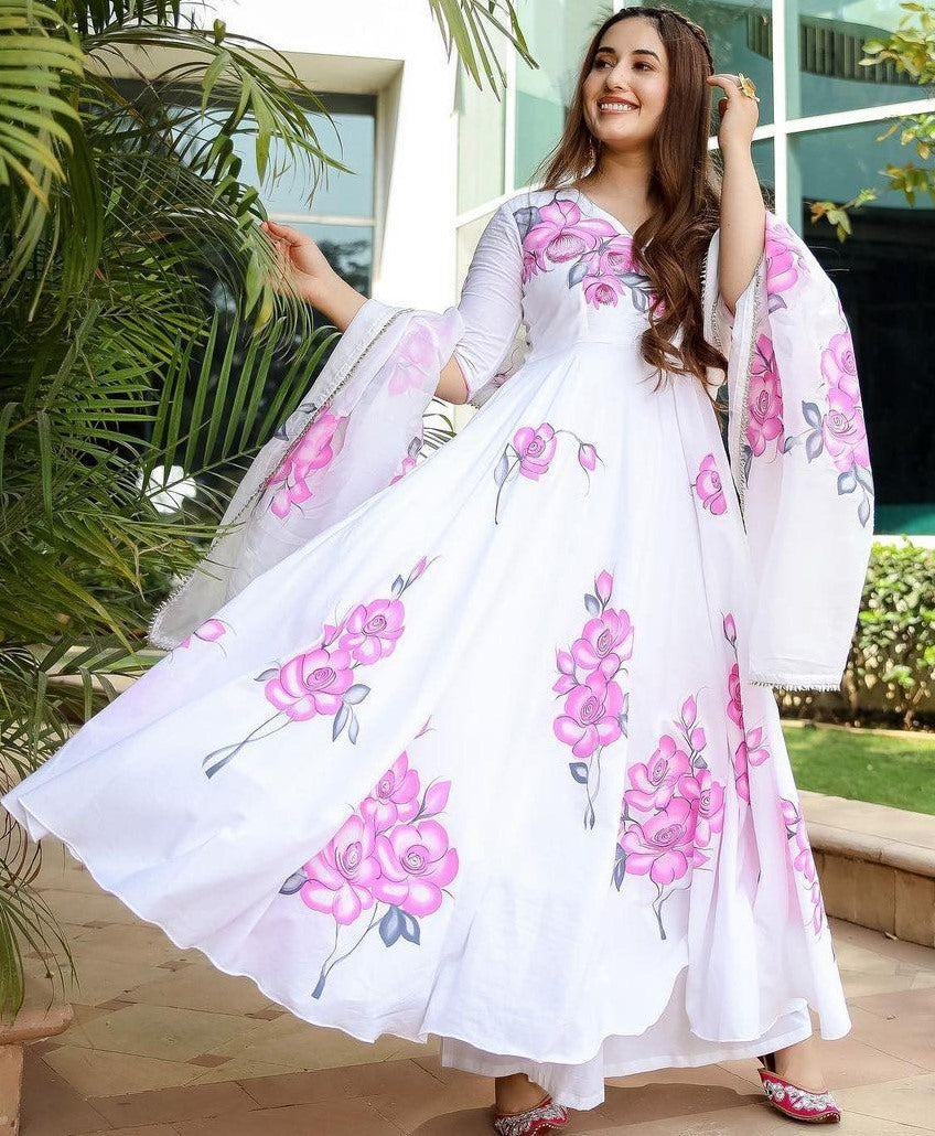 White heavy georgette digital floral printed work party wear gown