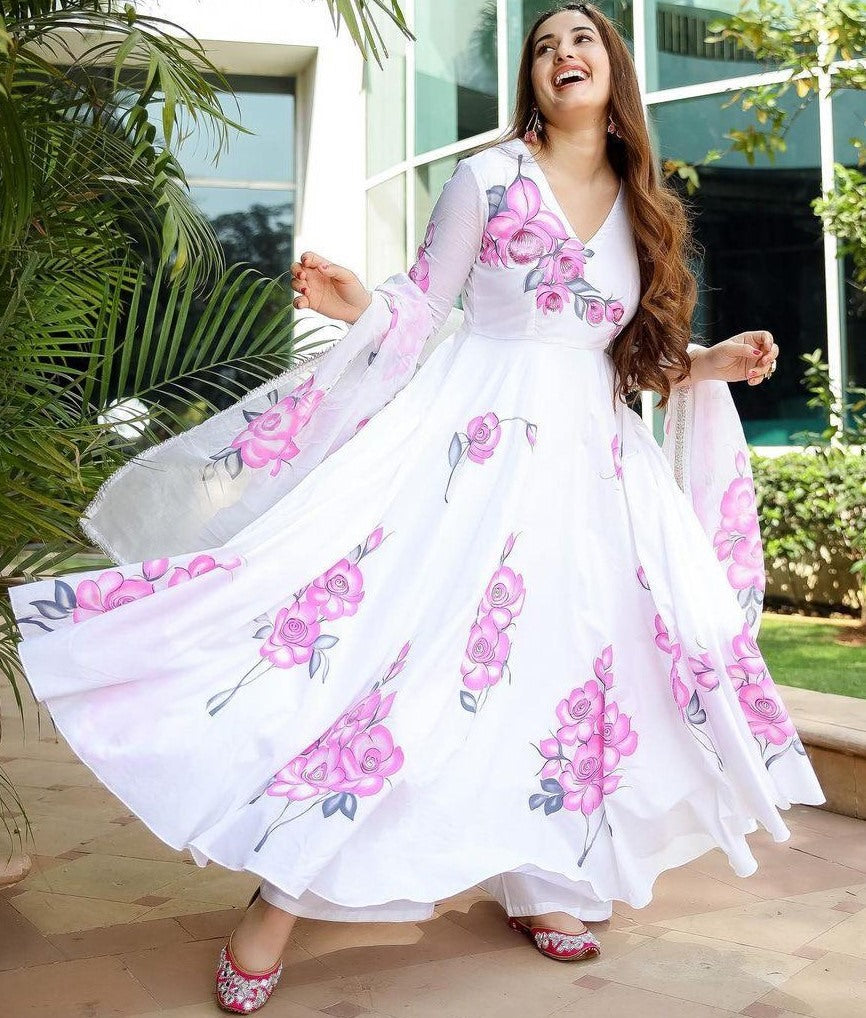 White heavy georgette digital floral printed work party wear gown