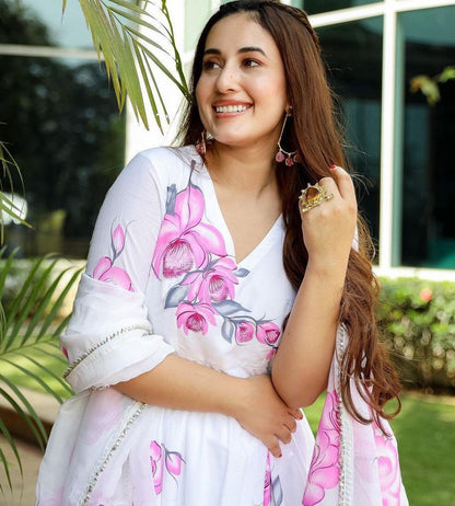 White heavy georgette digital floral printed work party wear gown