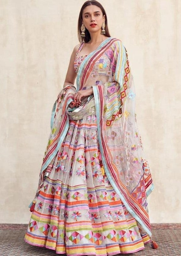 White heavy georgette digital printed work lehenga choli