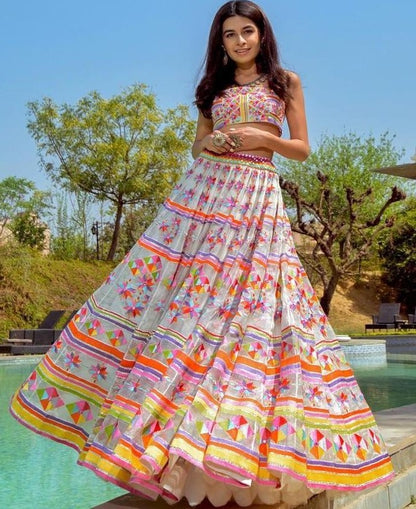 White heavy georgette digital printed work lehenga choli