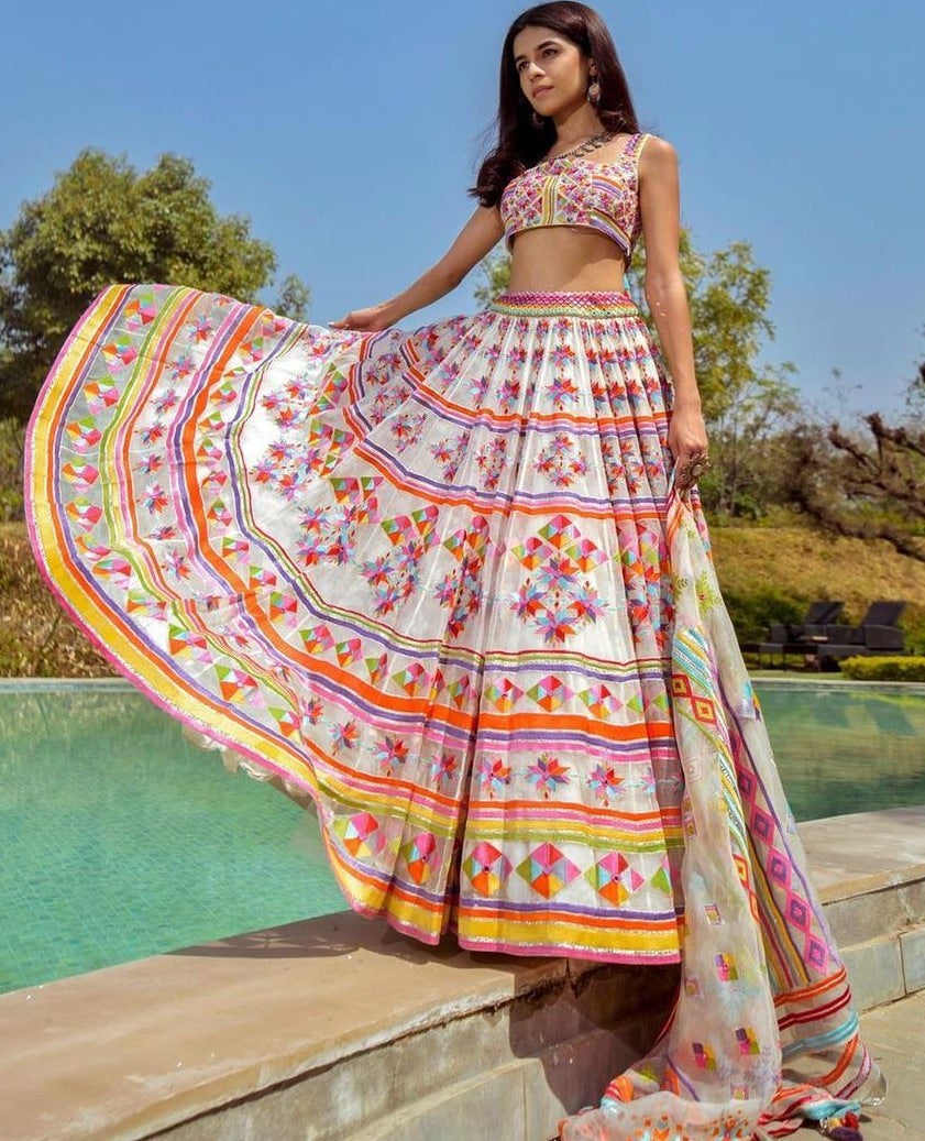 White heavy georgette digital printed work lehenga choli