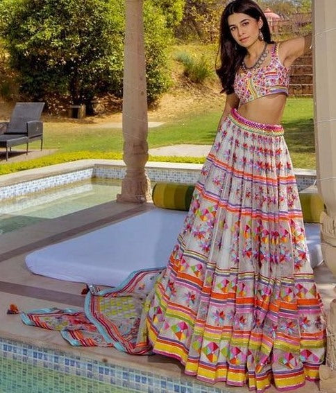White heavy georgette digital printed work lehenga choli