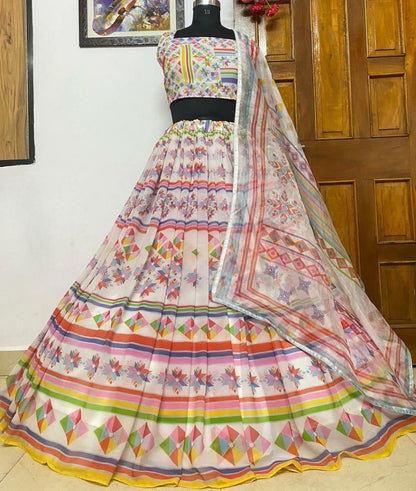 White heavy georgette digital printed work lehenga choli