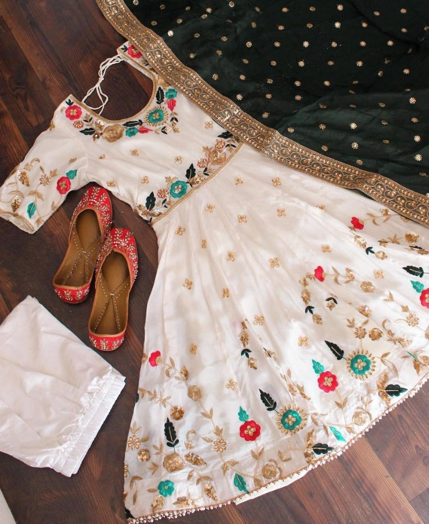 White heavy georgette embroidered work party wear gown